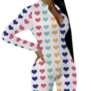 Rainbow Heart Print Sexy Woman's Deep Zipper Front Long Pants Jumpsuit with Long